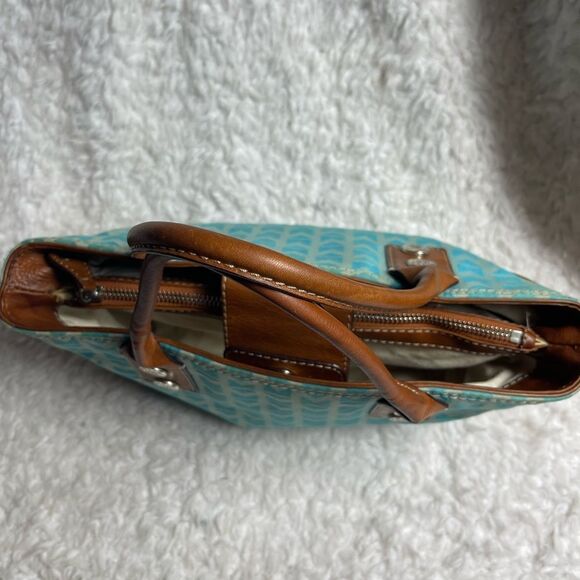 Michael Kors Monogram Blue canvas medium Satchel with leather tan trims &straps - Picture 6 of 12